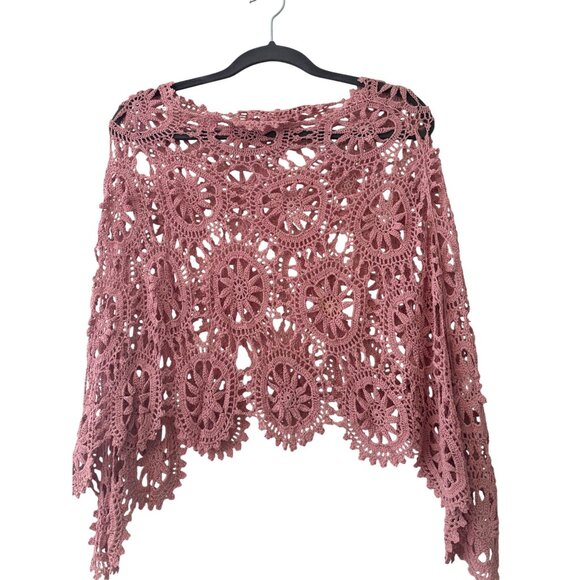 Handcrafted Crochet Floral Lace Shawl Poncho Wrap Pink Unique Design - Picture 1 of 8